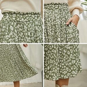 Green Leopard Print Skirt EXLURA Womens High Waist Polka Dot Pleated Maxi Skirt